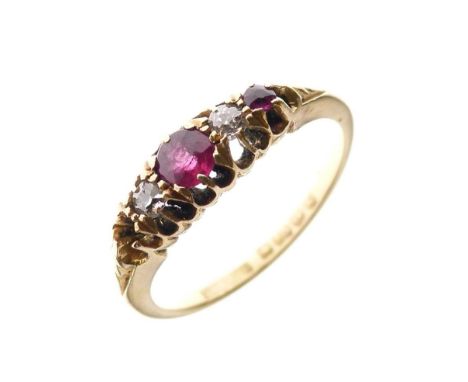 Edward VII 18ct gold, ruby and diamond ring, set central ruby between two diamonds and a further ruby (one ruby missing), Bir