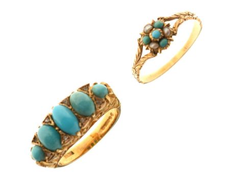 9ct gold dress ring set five turquoise cabochons, size L, together with a smaller unmarked yellow metal turquoise and seed pe