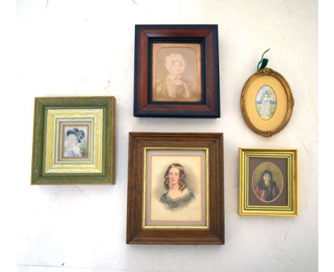Small group of mainly watercolour portraits to include oval full-length study of a lady in a landscape in Georgian style, 6cm