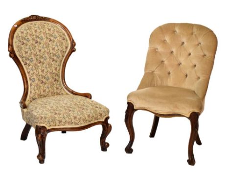 Mid Victorian lady's walnut-framed occasional chair, together with button back upholstered salon chair Condition: Numerous su
