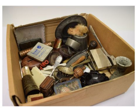 Assorted miscellanea to include spirit flask, copper spectacles case, pen knives, etc Condition: Large group lot, please cont