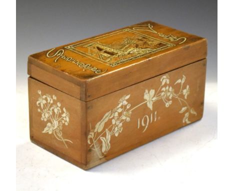 Local interest - Early 20th Century wooden stereographic card box, four panels decorated with flowers, having 1911 present to