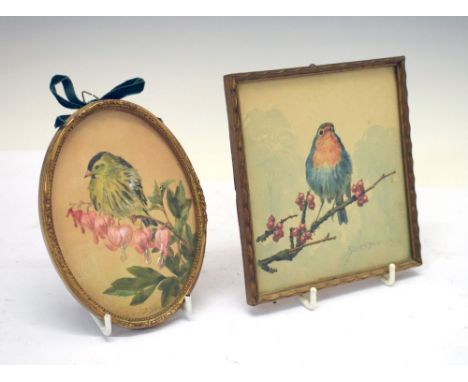 Two early 20th Century watercolour studies of birds, the first a robin perching on a berry-laden branch, indistinctly signed 