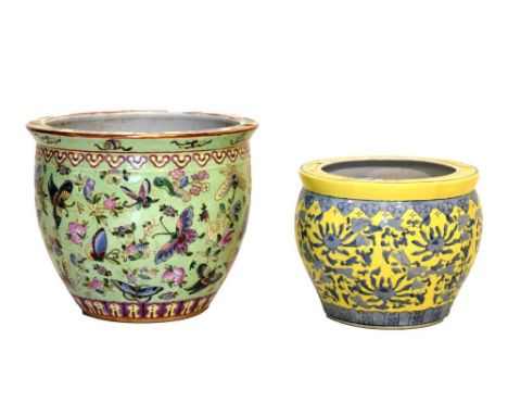 Large Chinese planter, having floral and butterfly decoration, 31cm high x 31cm diameter, together with a smaller example hav