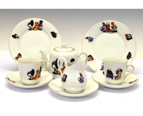 1920's Czech part tea set, transfer printed with teddy bear dolls, etc listening to crystal radio sets, printed mark verso 'V