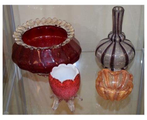 Murano Glass - Four pieces of aventurine decorated glass, 17cm high and smaller Condition: Neck of carafe possibly ground dow