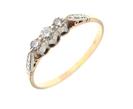 Yellow metal, platinum and three-stone diamond ring, size S, 2.2g gross approx Condition: Shank perhaps very slightly thin in