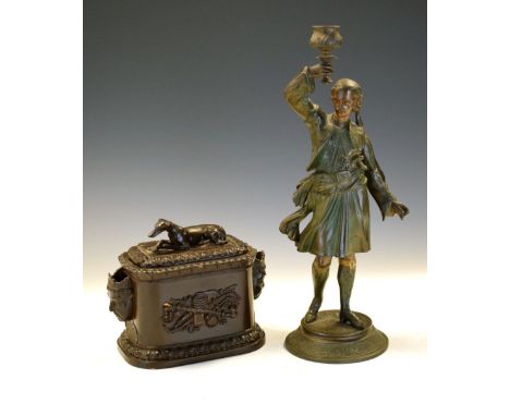 Late 19th Century spelter figural candlestick modelled as a Turk, 37cm high, together with a 19th Century moulded ceramic tob