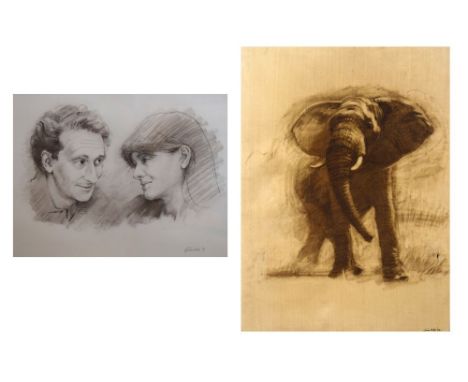 Michael Grimsdale (British, 20th Century) - Elephant, charcoal on canvas, signed and dated '92, 91cm x 71cm; together with a 