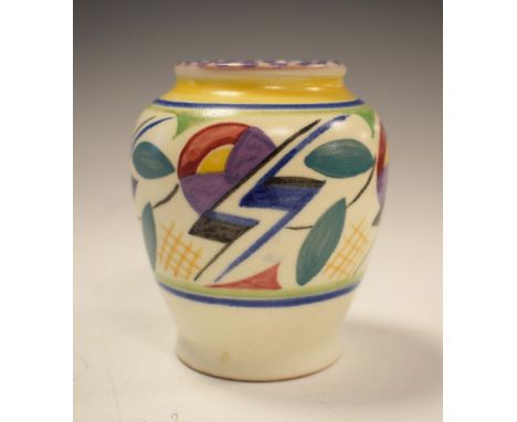 1930's Poole Pottery vase with Art Deco decoration, 'JV' painted mark verso,, 10cm high Condition: **Due to current lockdown 