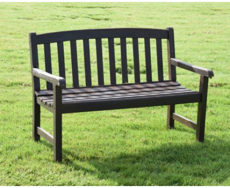 Modern teak garden bench/seat, 120cm wide Condition: One arm is loose on the back where the wood has disintegrated, one back 