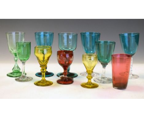 Collection of 19th Century coloured glass wines and liqueur glasses, together with a cranberry glass beaker Condition: One gr