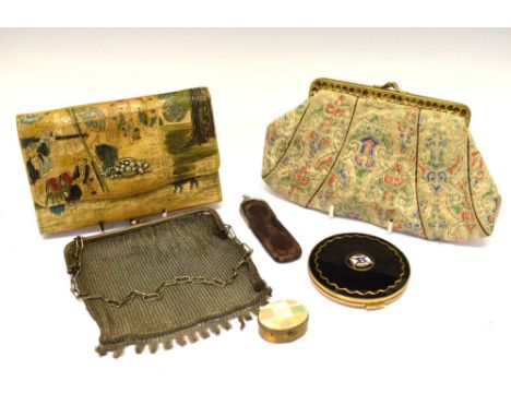 Small selection of evening bags, powder compact, patch box and folding scissors (6) Condition: All with general wear. **Due t
