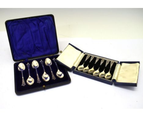 Cased set of six Albany pattern silver teaspoons, Sheffield 1908, together with a cased set of six silver coffee spoons, Birm