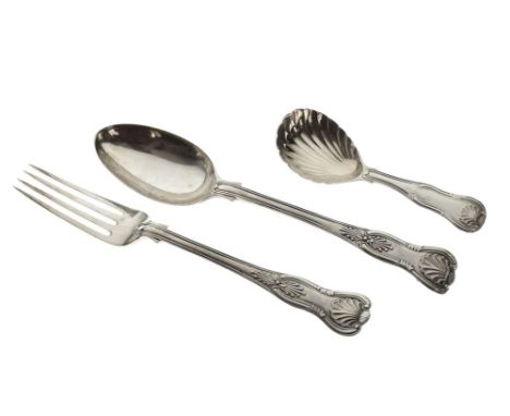 George III silver Kings pattern caddy spoon, Sheffield 1824, together with a Victorian Kings pattern dessert fork and dessert