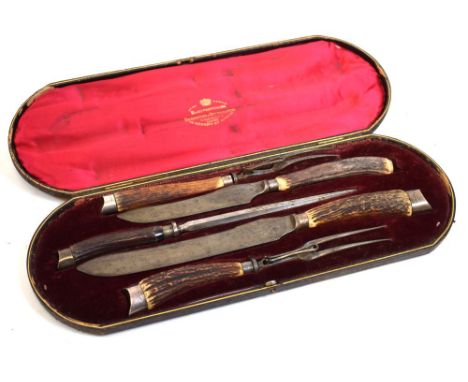 Cased Victorian silver mounted bone-handled five piece carving set, Sheffield 1899 Condition: One knife is missing its top mo