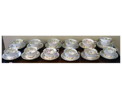 Royal Interest - Thirteen Paragon cups and saucers, some of which having Royal ciphers Condition: Loss of decoration on place