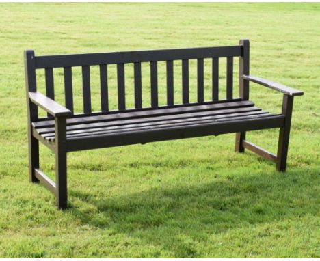 Modern teak garden bench/seat, 158cm wide Condition: Structurally sound - **Due to current lockdown conditions, bidders are u