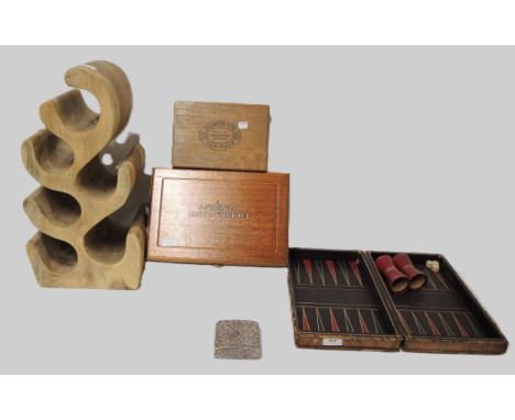 Leather covered chess / games board, Moet Chandon two bottle Champagne box and a wooden wine rack