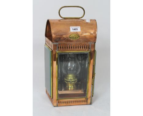 Ship's copper and brass mounted lamp by Davey &amp; Co, circa 1980, 35cm high