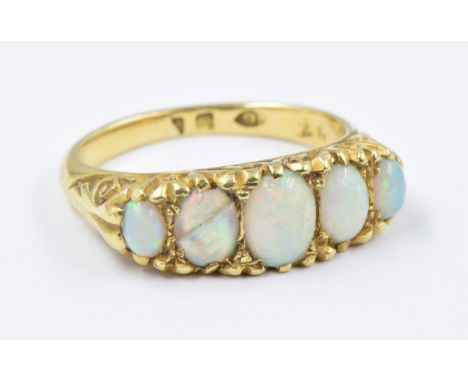 Yellow gold five stone opal ring (one opal at fault), size K, 4.7g