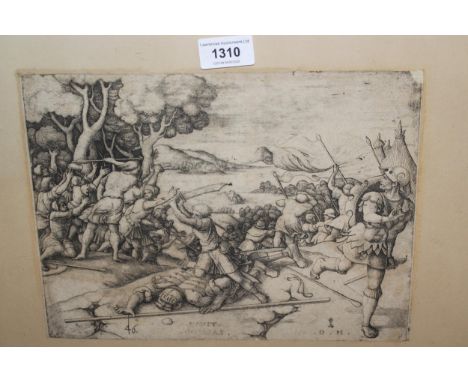 Antique black and white engraving, battle scene, bearing monogram D.H. for David Hopper, 21 x 28cm, oak framed