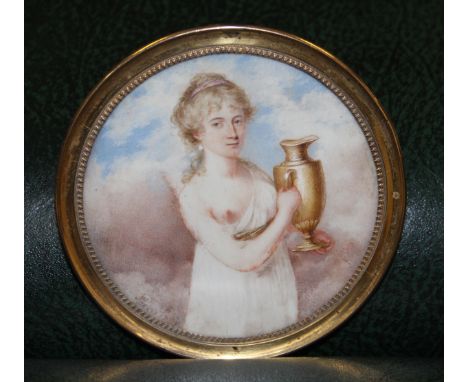 Alexis Judlin, 18th Century circular miniature watercolour portrait of a lady holding a water ewer, signed and dated 1792 Par
