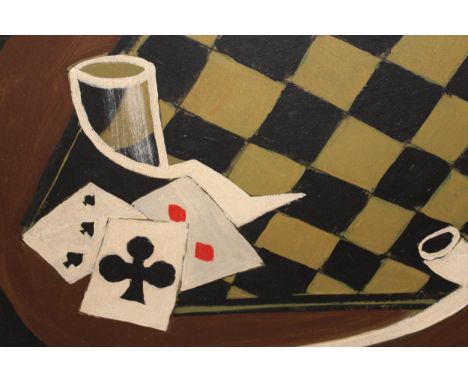 Late 20th Century, oil on board, abstract study of cards, chessboard, pipe etc., unsigned, 31 x 40cm