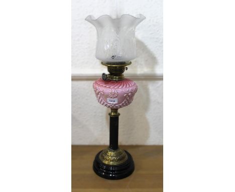 19th Century brass and pink opaque glass oil lamp with etched glass shadeDoes appear to be in good condition with no cracks b