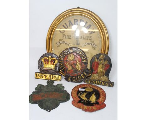 Group of five various copper and painted copper fire insurance plaques for Imperial, Royal, Liverpool, London and Globe, toge