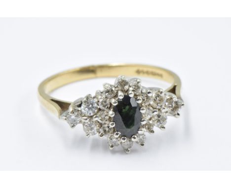 9ct Gold ring set oval sapphire and multiple diamonds, size R, 2.7g (split to shank)