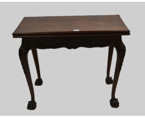 19th Century mahogany rectangular fold-over tea table in Irish Chippendale style, with a single end drawer, shell and scroll 