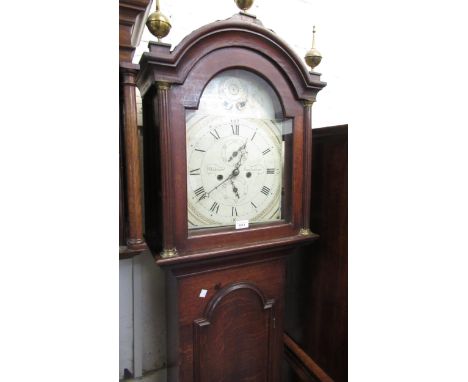 George III oak longcase clock, the arched hood enclosing dial with Arabic and Roman numerals, two subsidiary dials with a two