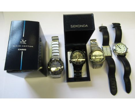 Two boxed gentleman's watches by Casio and Sekonda, together with three other gentleman's wristwatches