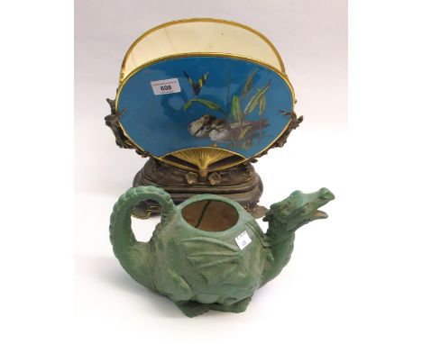 Late 19th Century Mintons fan shaped vase painted with birds on a turquoise ground (extensive damages), together with an unus