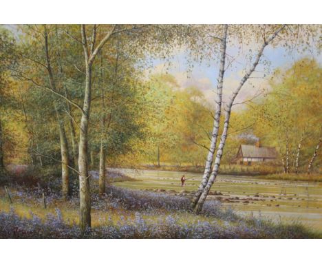 Paul R. Morgan, pair of oils on canvas board, river landscapes, fisherman, cottage, and stags in a river landscape, both sign