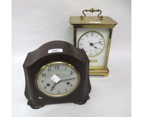 Brown Bakelite cased Smith's Enfield two train mantel clock and a battery carriage clock style mantel clock