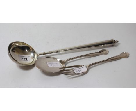Modern silver ladle with tapering baluster handle, together with a pair of Mappin &amp; Webb silver fruit servers, 11oz t