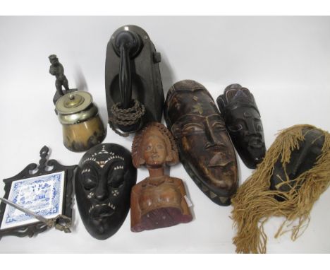 Box containing a quantity of miscellaneous items including an inkwell in the form of a horse's hoof, telephone, carved Africa