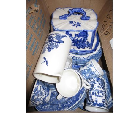 Two boxes containing a quantity of various porcelain, including blue and white cheese dish, part Royal Doulton Cascade patter