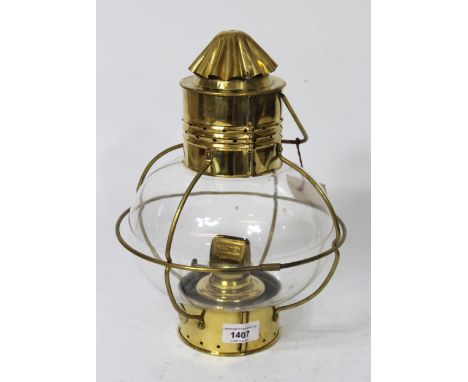Ship's brass cabin lantern with glass oviform shade by Davey &amp; Co, circa 1980, 30cm high