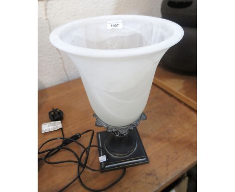 Modern table lamp with opaque glass shade, 36cm high, together with a modern glass hanging ceiling light
