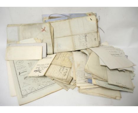 Box containing over one hundred items of deeds, conveyances, indentures, wills, engravings, share certificates etc.
