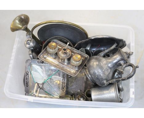Box containing a quantity of various silver plate, including an antique desk stand, together with a quantity of various silve