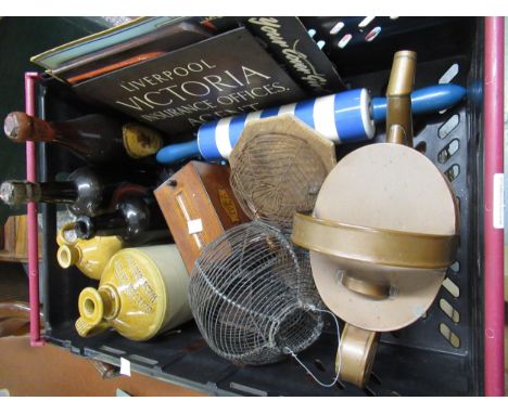 Miscellaneous collectables to include Cornishware rolling pin, two traps, miscellaneous oil lamp fittings and miscellaneous i