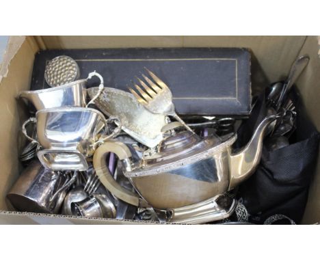 Box containing a quantity of various silver plated cutlery and a three piece plated tea service etc.