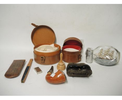 Two leather collar boxes, silver mounted pipe, cased pair of opera glasses, model ship in a bottle and sundries