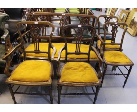 Edwardian mahogany and line inlaid five piece drawing room suite comprising:  two seat sofa, pair of open armchairs and pair 