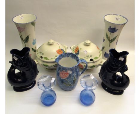Pair of Wade pottery fish form jugs decorated with blue glaze, together with a pair of Villeroy &amp; Boch Amapola tureens wi