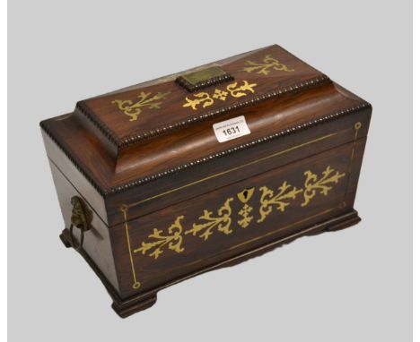 19th Century rosewood brass inlaid sarcophagus shaped three division tea caddy, with key (lacking mixing bowl), 23cm wide x 1